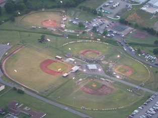 Aerial view of the 7 field baseball complex at Hickey Park